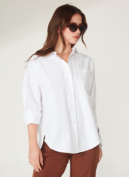 Pierre Cardin Oversized Gömlek Yaka Düz Beyaz Kadın Gömlek NENAB 3