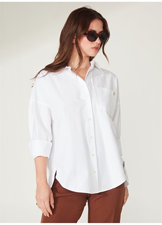 Pierre Cardin Oversized Gömlek Yaka Düz Beyaz Kadın Gömlek NENAB 3