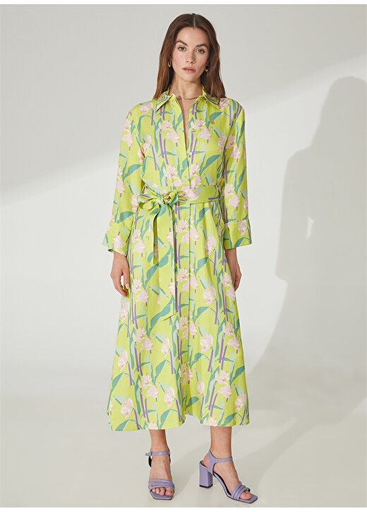 Pierre Cardin Yeşil Kadın V Yaka Diz Altı Baskılı Keten Elbise NATSA 4
