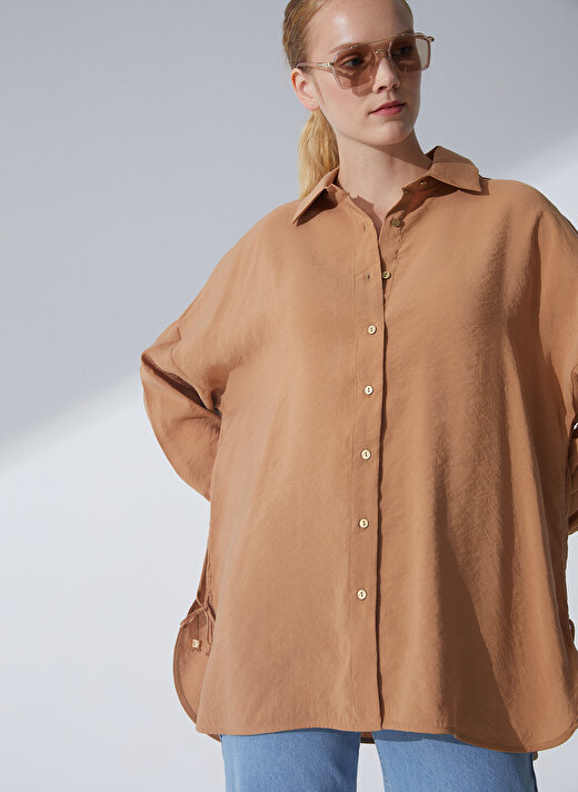 Pierre Cardin Oversized Gömlek Yaka Düz Taba Kadın Gömlek SCARLET 2