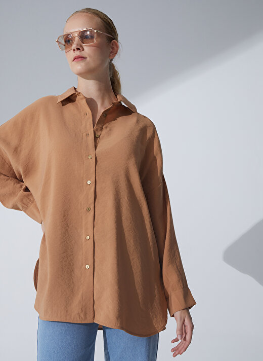 Pierre Cardin Oversized Gömlek Yaka Düz Taba Kadın Gömlek SCARLET 3