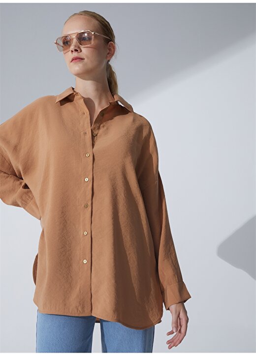 Pierre Cardin Oversized Gömlek Yaka Düz Taba Kadın Gömlek SCARLET 3