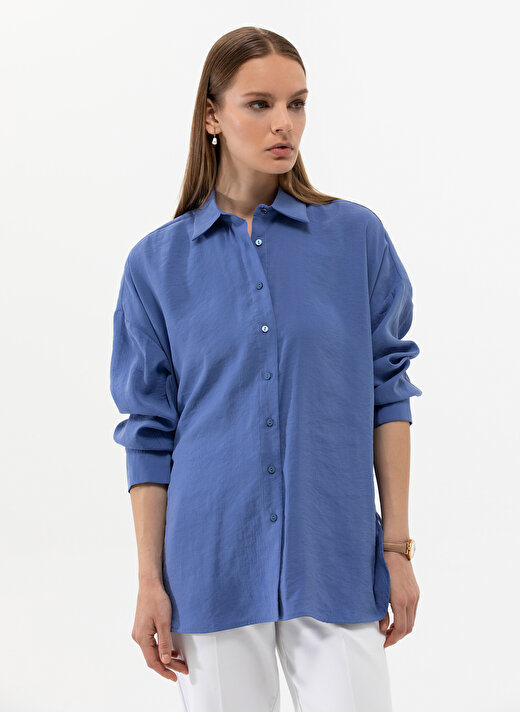 Pierre Cardin Oversized Gömlek Yaka Düz Mavi Kadın Gömlek SCARLET 2