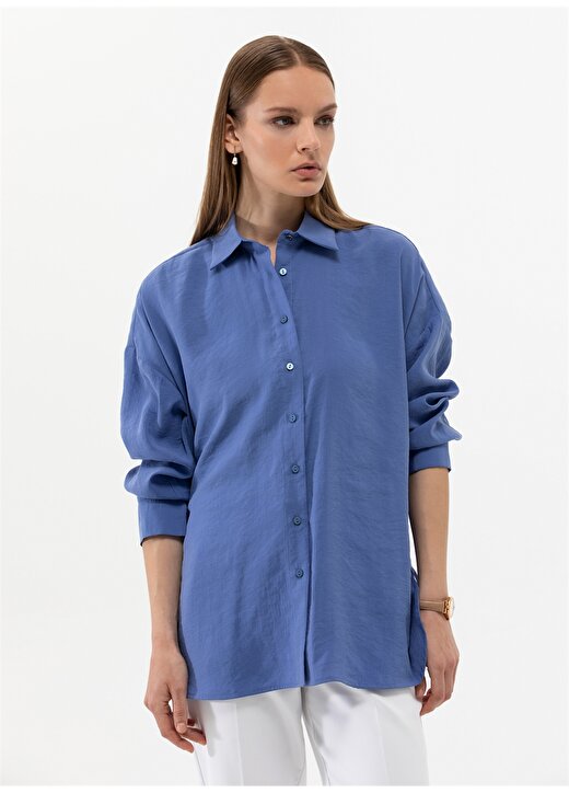 Pierre Cardin Oversized Gömlek Yaka Düz Mavi Kadın Gömlek SCARLET 2