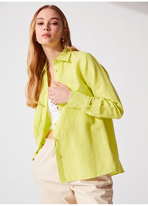 Pierre Cardin Yeşil Kadın Comfort Fit Keten Gömlek KETO 4