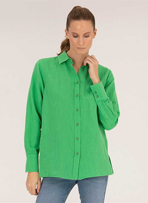 Pierre Cardin Comfort Fit Gömlek Yaka Düz Zümrüt Yeşili Kadın Gömlek KETO 1