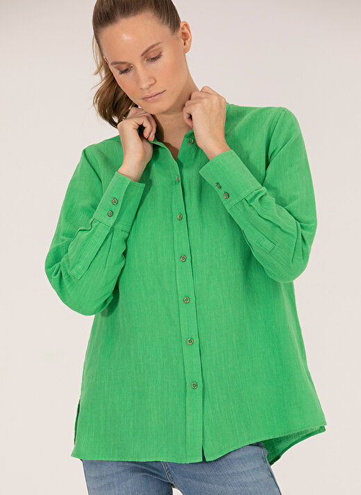 Pierre Cardin Comfort Fit Gömlek Yaka Düz Zümrüt Yeşili Kadın Gömlek KETO 2