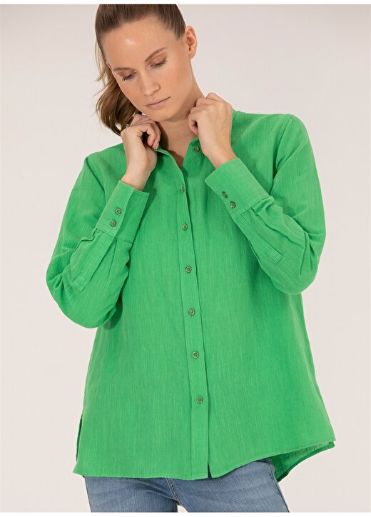 Pierre Cardin Zümrüt Yeşili Kadın Comfort Fit Keten Gömlek KETO 2