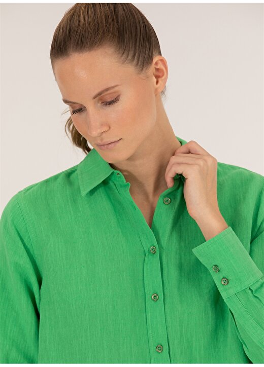 Pierre Cardin Zümrüt Yeşili Kadın Comfort Fit Keten Gömlek KETO 3