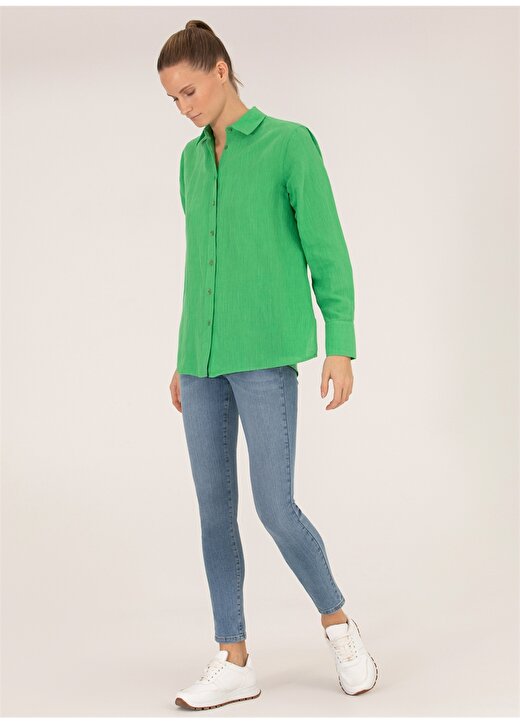 Pierre Cardin Zümrüt Yeşili Kadın Comfort Fit Keten Gömlek KETO 4