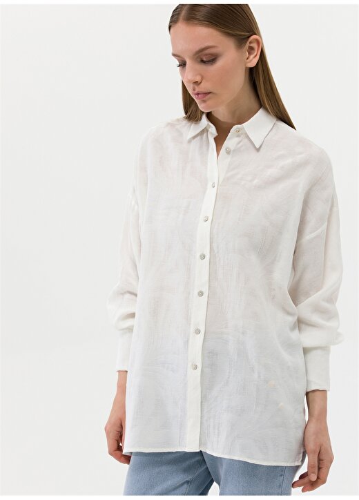 Pierre Cardin Oversized Gömlek Yaka Jakarlı Ekru Kadın Gömlek HEMDEM 2