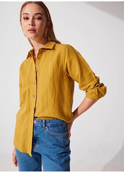 Pierre Cardin Comfort Fit Gömlek Yaka Düz Yağ Yeşili Kadın Gömlek KETO 4