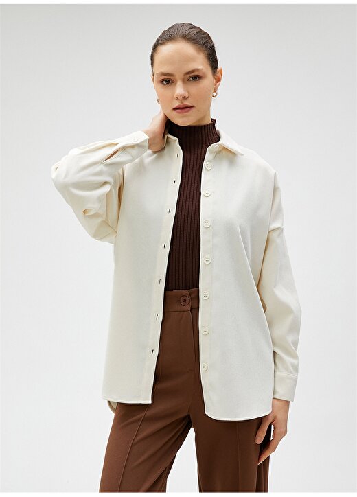 Koton Oversize Gömlek Yaka Düz Kırık Beyaz Kadın Gömlek 4WAK60010PW 3