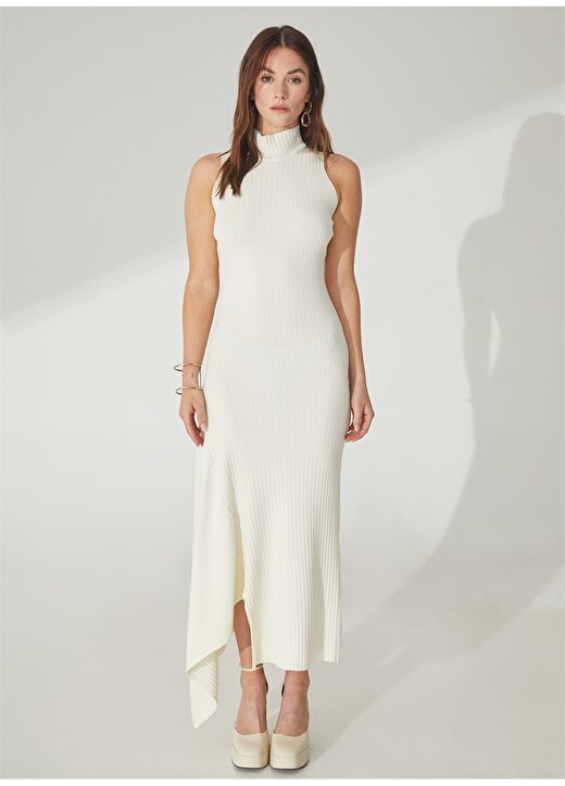 Akep Yarım Balıkçı Yaka Düz Beyaz Midi Kadın Elbise VSKD01062 4