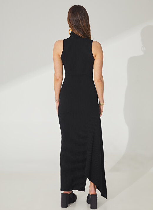 Akep Yarım Balıkçı Yaka Düz Siyah Midi Kadın Elbise VSKD01062 4