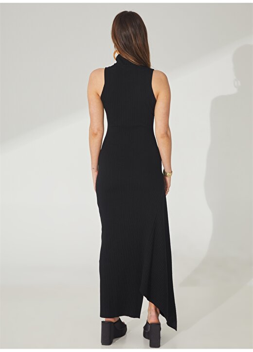 Akep Yarım Balıkçı Yaka Düz Siyah Midi Kadın Elbise VSKD01062 4