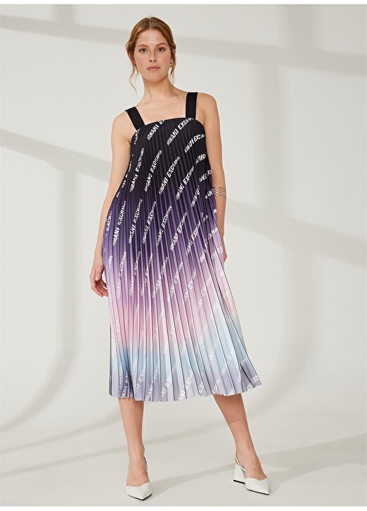 Armani Exchange Kare Yaka Desenli Çok Renkli Diz Altı Kadın Elbise 3RYA19 2