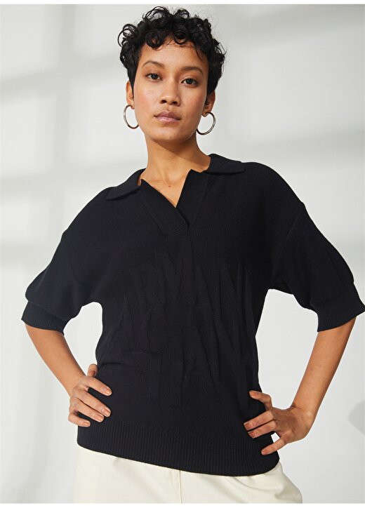 Armani Exchange Polo Yaka Düz Siyah Kadın T-Shirt 3RYM1E 2
