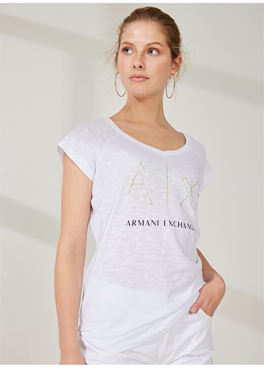 Armani Exchange Baskılı Beyaz Kadın T-Shirt 3RYTFF 1