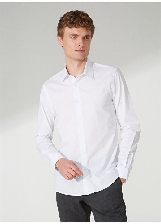 People By Fabrika Slim Fit Klasik Gömlek Yaka Düz Beyaz Erkek Gömlek 23GM09 3