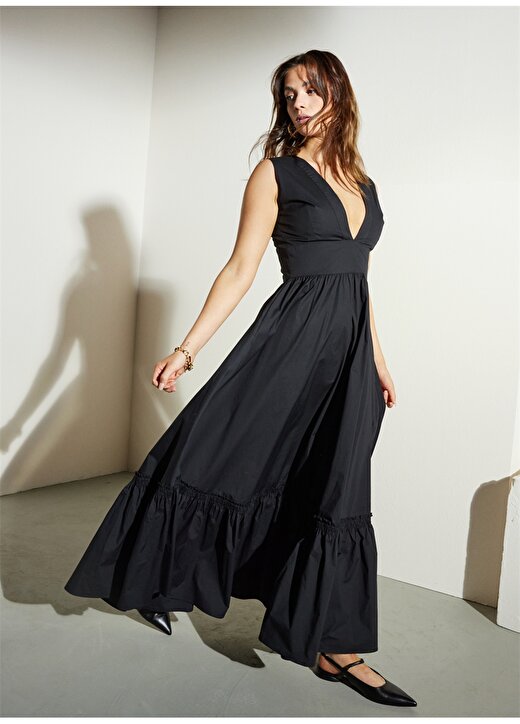 Brooks Brothers V Yaka Siyah Standart Kadın Elbise BBSP23FDR004 3