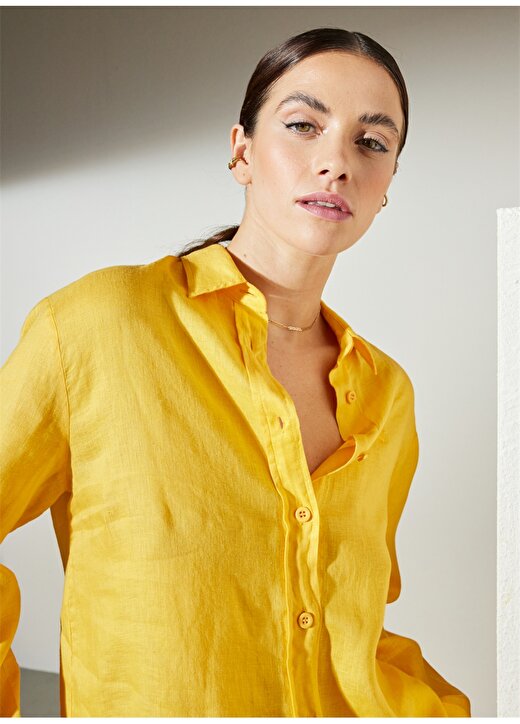 Brooks Brothers Sarı Kadın Keten Gömlek BBSP23FSH009 2