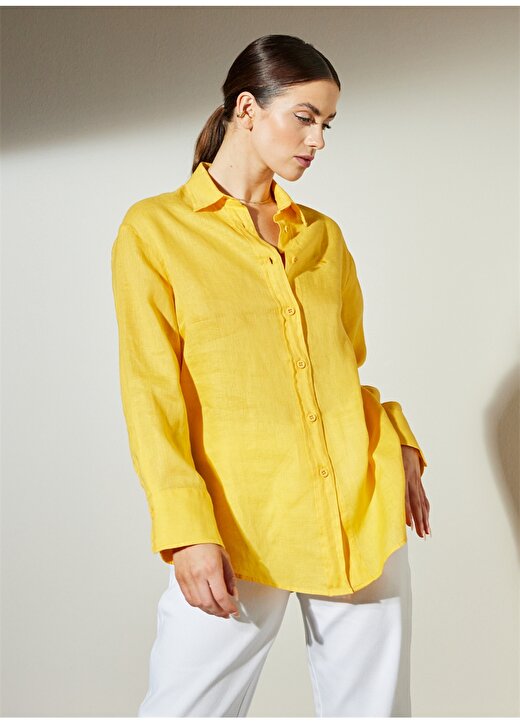 Brooks Brothers Sarı Kadın Keten Gömlek BBSP23FSH009 3