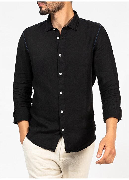 Mr. Mood Standart Düğmeli Yaka Siyah Erkek Gömlek Mr Linen Shirt 1