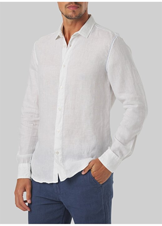 Mr. Mood Standart Düğmeli Yaka Beyaz Erkek Gömlek Mr Linen Shirt 1