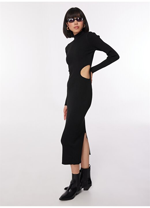 Black On Black Yarım Balıkçı Yaka Düz Siyah Uzun Kadın Elbise B3WL-ELB19 2
