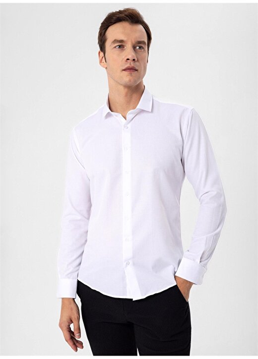 Süvari Slim Fit Klasik Yaka Armürlü Beyaz Erkek Gömlek GM2024700373 1