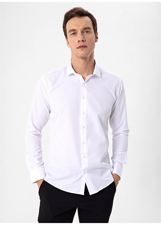 Süvari Slim Fit Klasik Yaka Armürlü Beyaz Erkek Gömlek GM2024700373 3