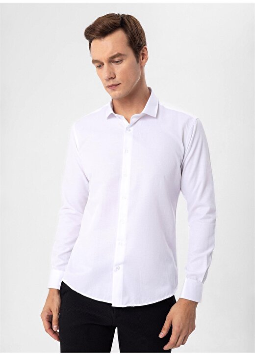 Süvari Slim Fit Klasik Yaka Armürlü Beyaz Erkek Gömlek GM2024700373 4