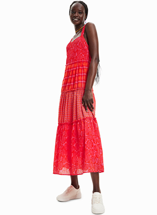 Desigual Kırmızı Kadın U Yaka Yazlık Uzun Elbise 23SWVW20   2
