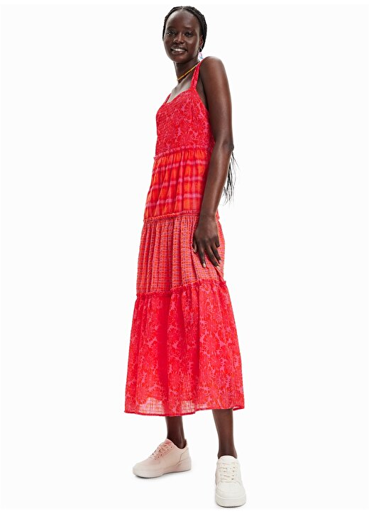 Desigual Kırmızı Kadın U Yaka Yazlık Uzun Elbise 23SWVW20 2