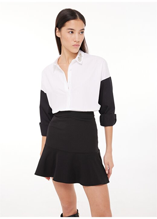 Fabrika Comfort Geniş Fit Gömlek Yaka İşlemeli Beyaz - Siyah Kadın Gömlek FC3WL-GML17 1