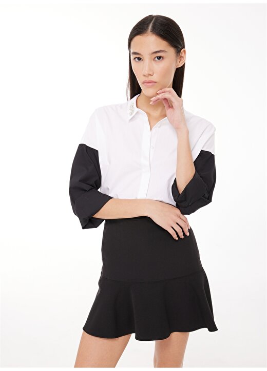 Fabrika Comfort Geniş Fit Gömlek Yaka İşlemeli Beyaz - Siyah Kadın Gömlek FC3WL-GML17 2