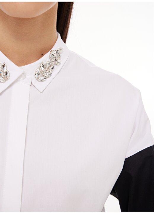 Fabrika Comfort Geniş Fit Gömlek Yaka İşlemeli Beyaz - Siyah Kadın Gömlek FC3WL-GML17 4
