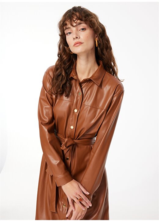 Fabrika Comfort Gömlek Yaka Düz Deve Tüyü Diz Üstü Kadın Elbise FC3WL-ELB18 3