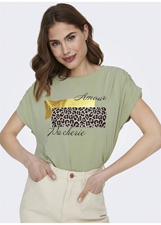 Only O Yaka Baskılı Açık Yeşil Kadın T-Shirt ONLFREE LIFE S/S MODAL REG TOP BOX 2