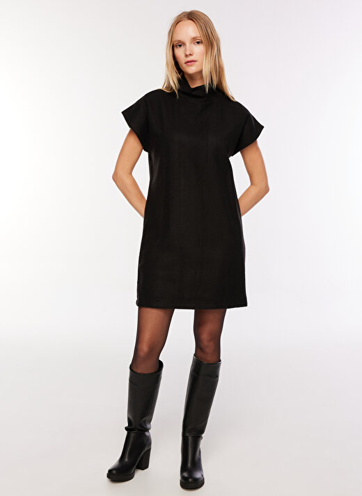 Fabrika Dik Yaka Düz Siyah Mini Kadın Elbise F3WL-ELB23 2