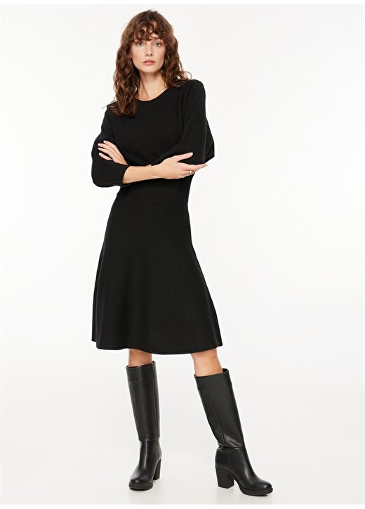 Fabrika Comfort Kayık Yaka Düz Siyah Diz Üstü Kadın Elbise FC3WL-ELB21 2