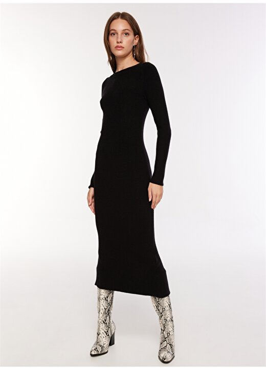 Fabrika Siyah Kadın Sırt Detaylı V Yaka Uzun Kollu Midi Fitilli Elbise F3WL-ELB12 2