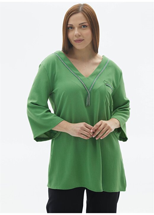 Selen V Yaka Taşlı Yeşil Kadın Bluz 23YSL8564 2