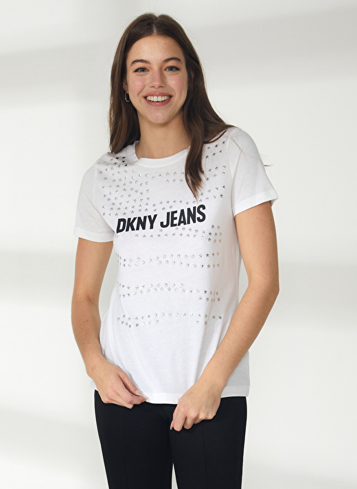 Dkny Jeans Bisiklet Yaka Desenli Beyaz Kadın T-Shirt E2KFYDNA 1