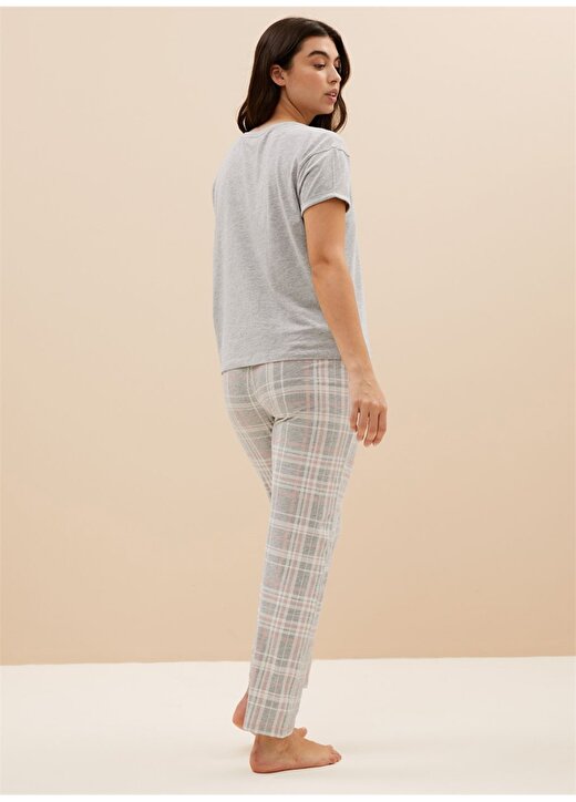 Marks & Spencer Gri - Pembe - Beyaz Kadın Ekose Desenli Kısa Kollu Pijama Takımı 4513F 3