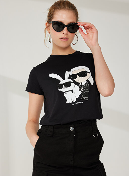 KARL LAGERFELD Bisiklet Yaka Baskılı Siyah Kadın T-Shirt 230W1709 2