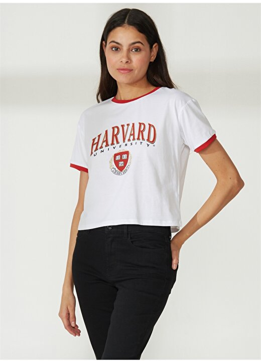 Never Say Never Harvard Baskılı Beyaz Kadın T-Shirt BYL3033 2