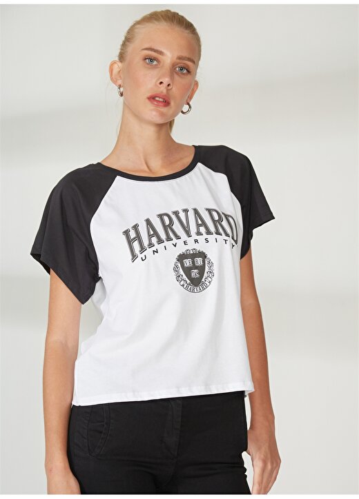 Never Say Never Harvard Baskılı Beyaz Kadın T-Shirt BYL3032 1