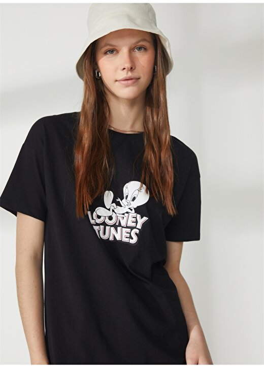Never Say Never Looney Tunes Baskılı Siyah Kadın Oversized T-Shirt BYL3223 2